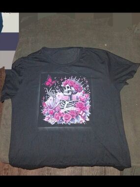 Amazon Black Short-Sleeve Tee with Pink Floral Skull Graphic